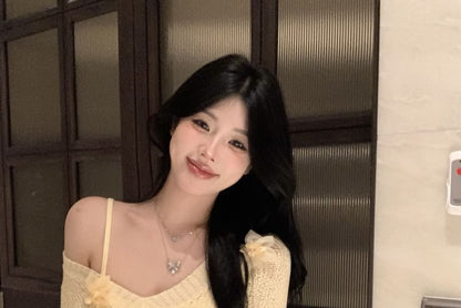 V Knit Long-Sleeve Flower Slip Sheath Mini Accent / Dress Neck