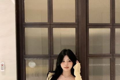 V Knit Long-Sleeve Flower Slip Sheath Mini Accent / Dress Neck