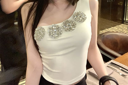 Fit Slim Tank Rhinestone Accent Top One-Shoulder Crop