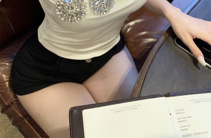 Fit Slim Tank Rhinestone Accent Top One-Shoulder Crop