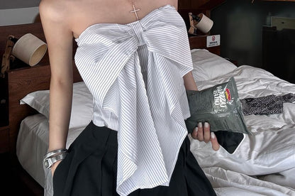 Waist Accent Tube High Plain Top Striped Bow Pants Wide / Crop Leg