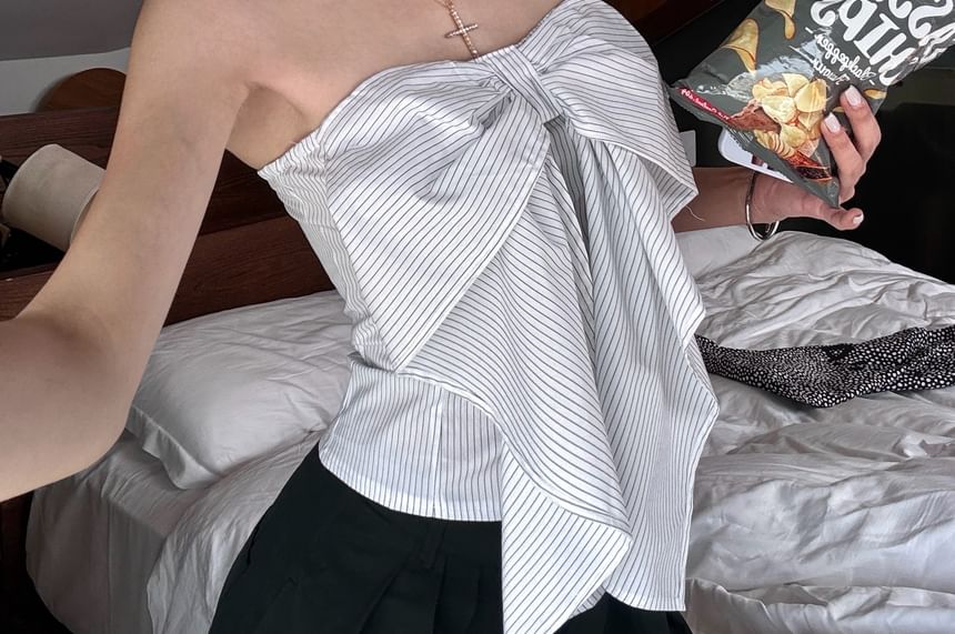 Waist Accent Tube High Plain Top Striped Bow Pants Wide / Crop Leg
