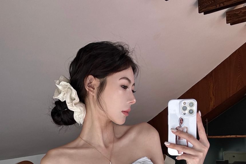 Waist Accent Tube High Plain Top Striped Bow Pants Wide / Crop Leg