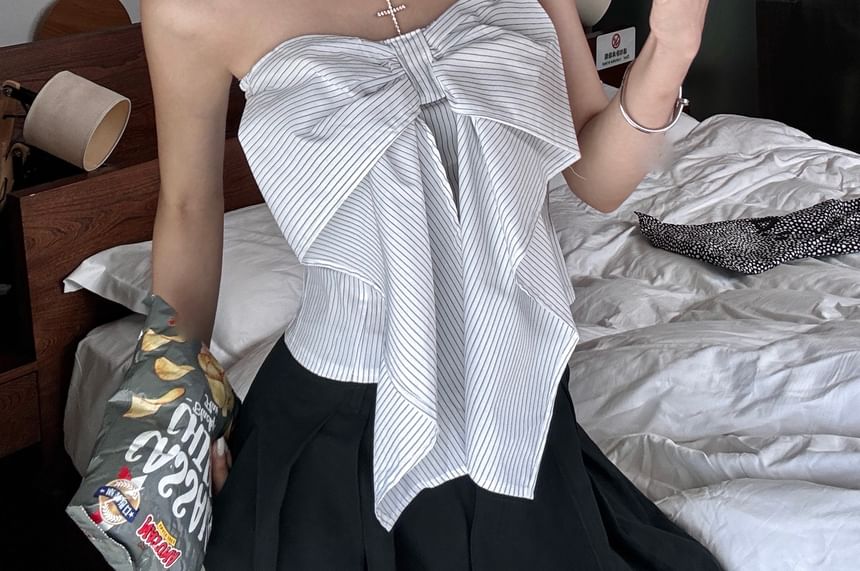 Waist Accent Tube High Plain Top Striped Bow Pants Wide / Crop Leg