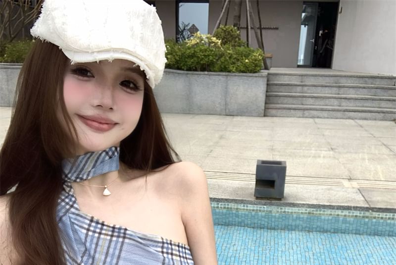 Top Asymmetrical Halter Neck Sheer Slim Fit Plaid