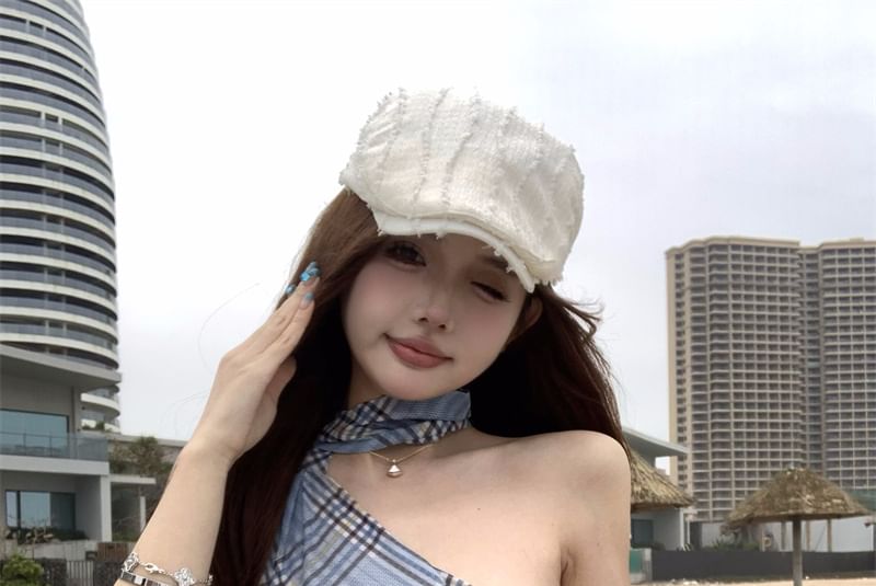 Top Asymmetrical Halter Neck Sheer Slim Fit Plaid