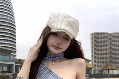 Top Asymmetrical Halter Neck Sheer Slim Fit Plaid