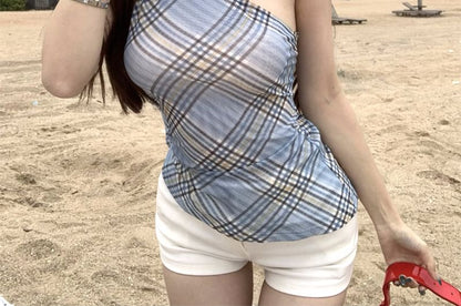 Top Asymmetrical Halter Neck Sheer Slim Fit Plaid