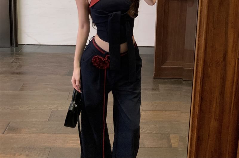 Two Top Tube Waist Leg Low Plain Crop Wide Tone / Pants Tie Front