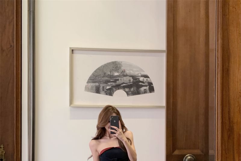 Two Top Tube Waist Leg Low Plain Crop Wide Tone / Pants Tie Front