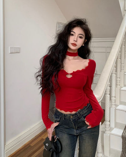 T-Shirt Lace Scoop Long-Sleeve Trim Cropped Plain Neck