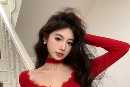 T-Shirt Lace Scoop Long-Sleeve Trim Cropped Plain Neck