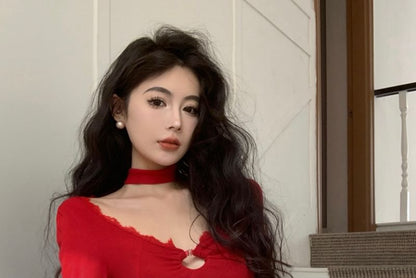 T-Shirt Lace Scoop Long-Sleeve Trim Cropped Plain Neck