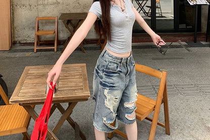 Short Sleeve Tee Plain Neck Henley