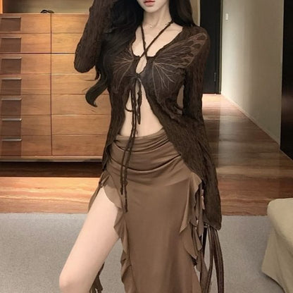 Ruffle Tie Butterfly Front Long Plain Dress / Top Print Sleeve Trim Midi Strapless V-Neck Bodycon