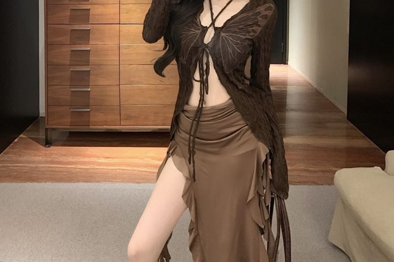 Ruffle Tie Butterfly Front Long Plain Dress / Top Print Sleeve Trim Midi Strapless V-Neck Bodycon