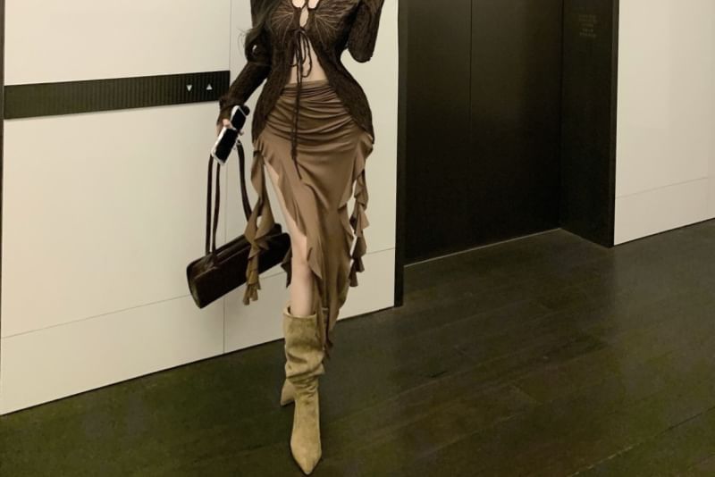 Ruffle Tie Butterfly Front Long Plain Dress / Top Print Sleeve Trim Midi Strapless V-Neck Bodycon