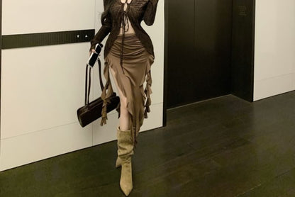 Ruffle Tie Butterfly Front Long Plain Dress / Top Print Sleeve Trim Midi Strapless V-Neck Bodycon