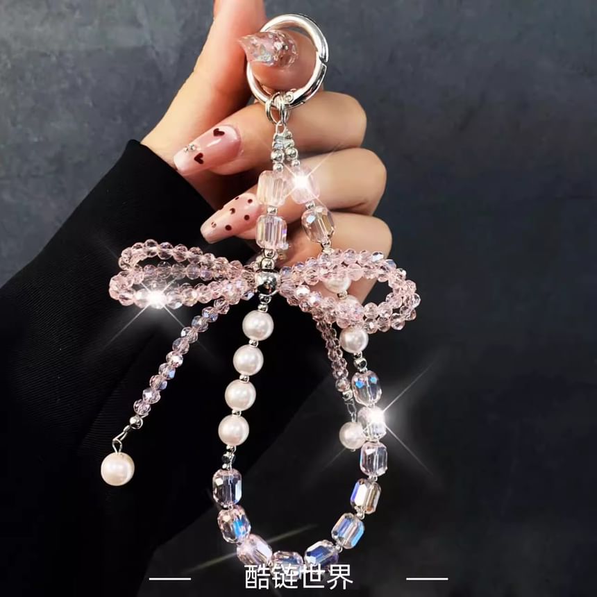 with Phone Pearl Lanyard Crystal Bow Strap Faux Pad