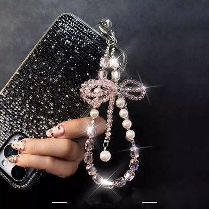 with Phone Pearl Lanyard Crystal Bow Strap Faux Pad