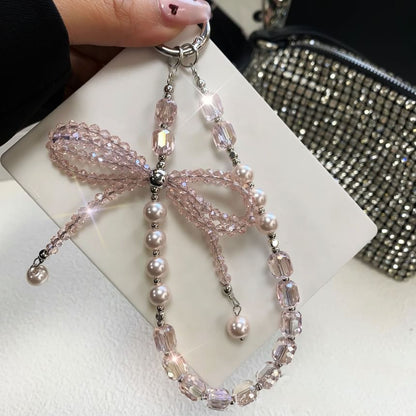 with Phone Pearl Lanyard Crystal Bow Strap Faux Pad