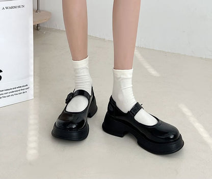 Faux Mary Jane Plain Buckled Platform Leather Shoes