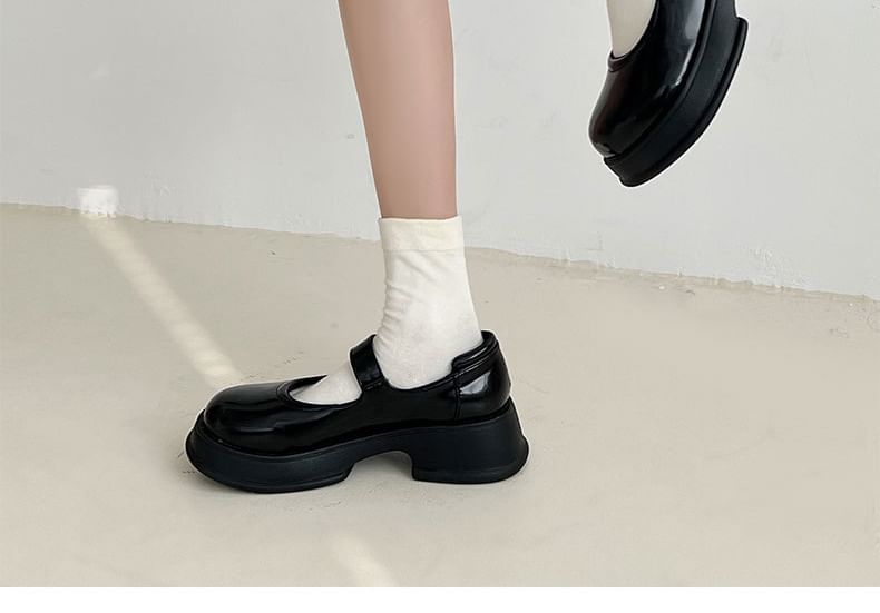Faux Mary Jane Plain Buckled Platform Leather Shoes