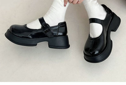 Faux Mary Jane Plain Buckled Platform Leather Shoes