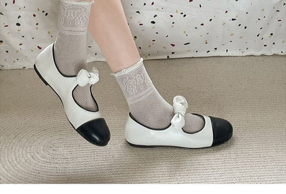 Toe Mary Flats Leather Bow Cap Jane Faux Accent