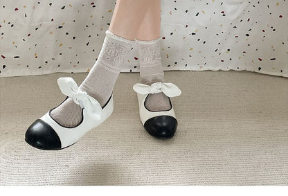 Toe Mary Flats Leather Bow Cap Jane Faux Accent