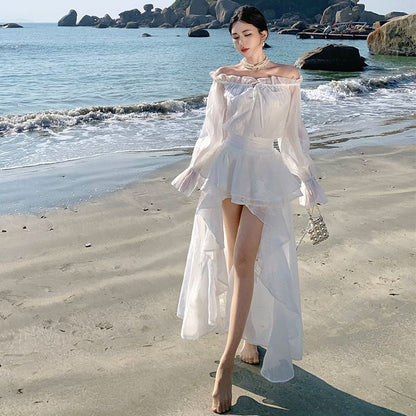 Low Plain Ruffle High Off-The-Shoulder Dress A-Line Long-Sleeve Maxi