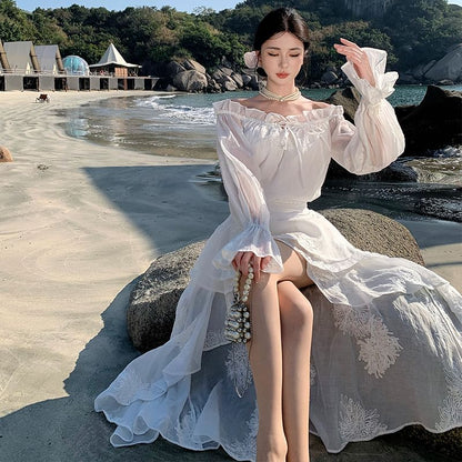 Low Plain Ruffle High Off-The-Shoulder Dress A-Line Long-Sleeve Maxi