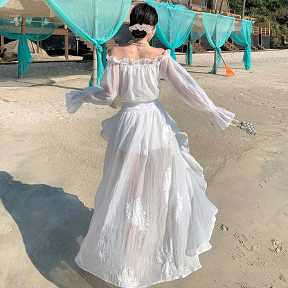 Low Plain Ruffle High Off-The-Shoulder Dress A-Line Long-Sleeve Maxi