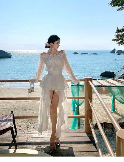 Low Plain Ruffle High Off-The-Shoulder Dress A-Line Long-Sleeve Maxi