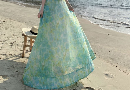 Crop Set: Floral Sleeveless Maxi + Top High Rise A-Line Skirt