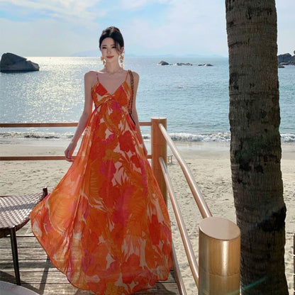 V-Neck A-Line Floral Strap Print Spaghetti Maxi Dress