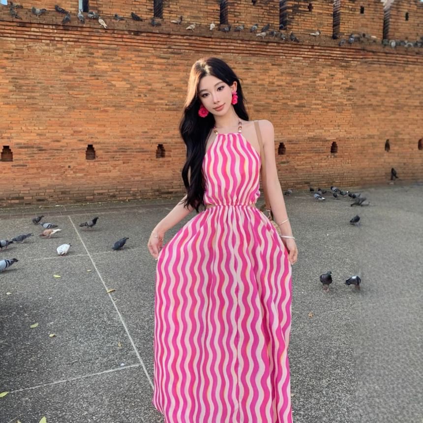 Halter Sleeveless Maxi Wave Dress A-Line Neck Striped