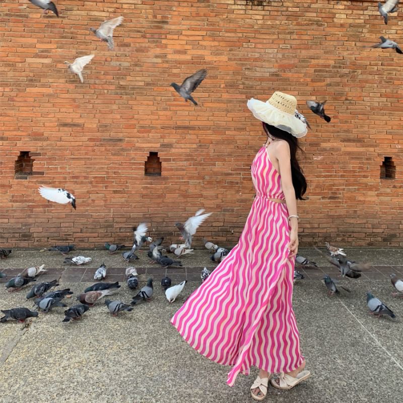 Halter Sleeveless Maxi Wave Dress A-Line Neck Striped