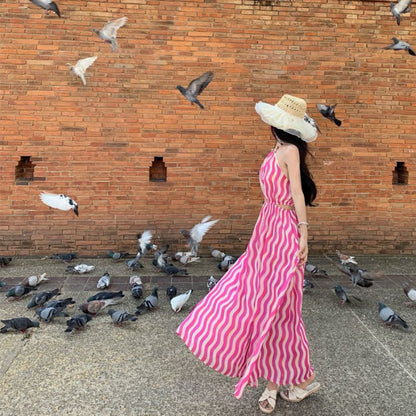 Halter Sleeveless Maxi Wave Dress A-Line Neck Striped