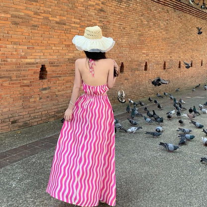 Halter Sleeveless Maxi Wave Dress A-Line Neck Striped