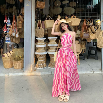 Halter Sleeveless Maxi Wave Dress A-Line Neck Striped