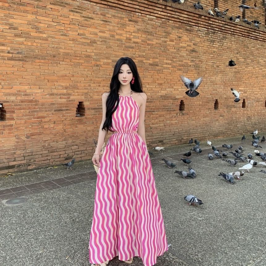 Halter Sleeveless Maxi Wave Dress A-Line Neck Striped