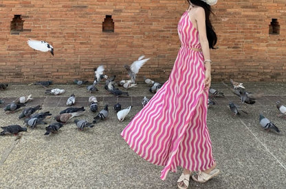 Halter Sleeveless Maxi Wave Dress A-Line Neck Striped