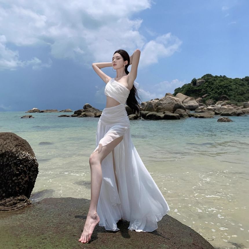 One Ruched A-Line Maxi Dress Plain Sleeveless Shoulder