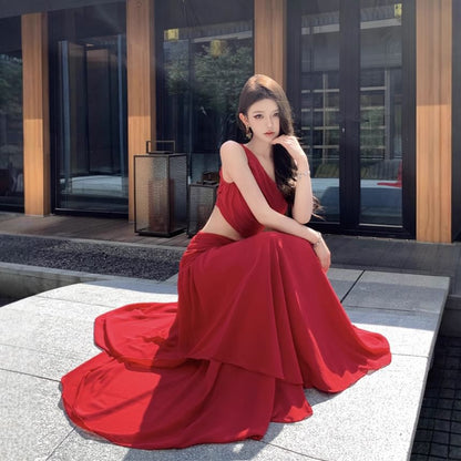 One Ruched A-Line Maxi Dress Plain Sleeveless Shoulder