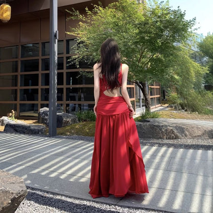 One Ruched A-Line Maxi Dress Plain Sleeveless Shoulder