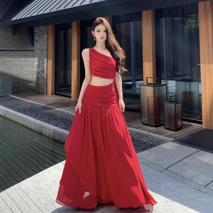 One Ruched A-Line Maxi Dress Plain Sleeveless Shoulder