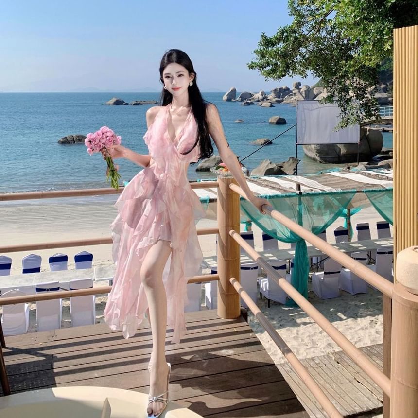 Top + Crop Set: Floral V-Neck Waist High Skirt Midi Halter A-Line