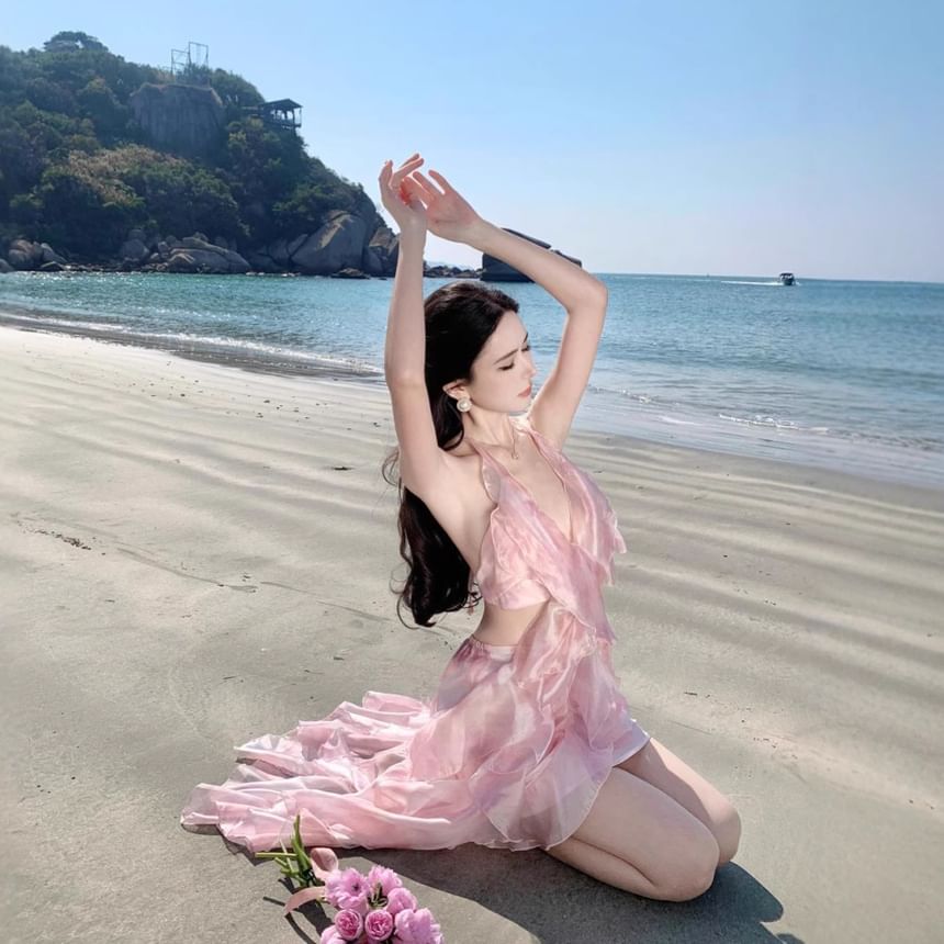 Top + Crop Set: Floral V-Neck Waist High Skirt Midi Halter A-Line