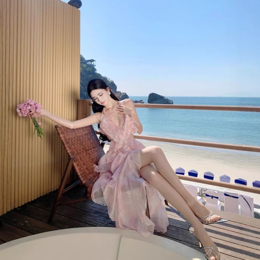 Top + Crop Set: Floral V-Neck Waist High Skirt Midi Halter A-Line